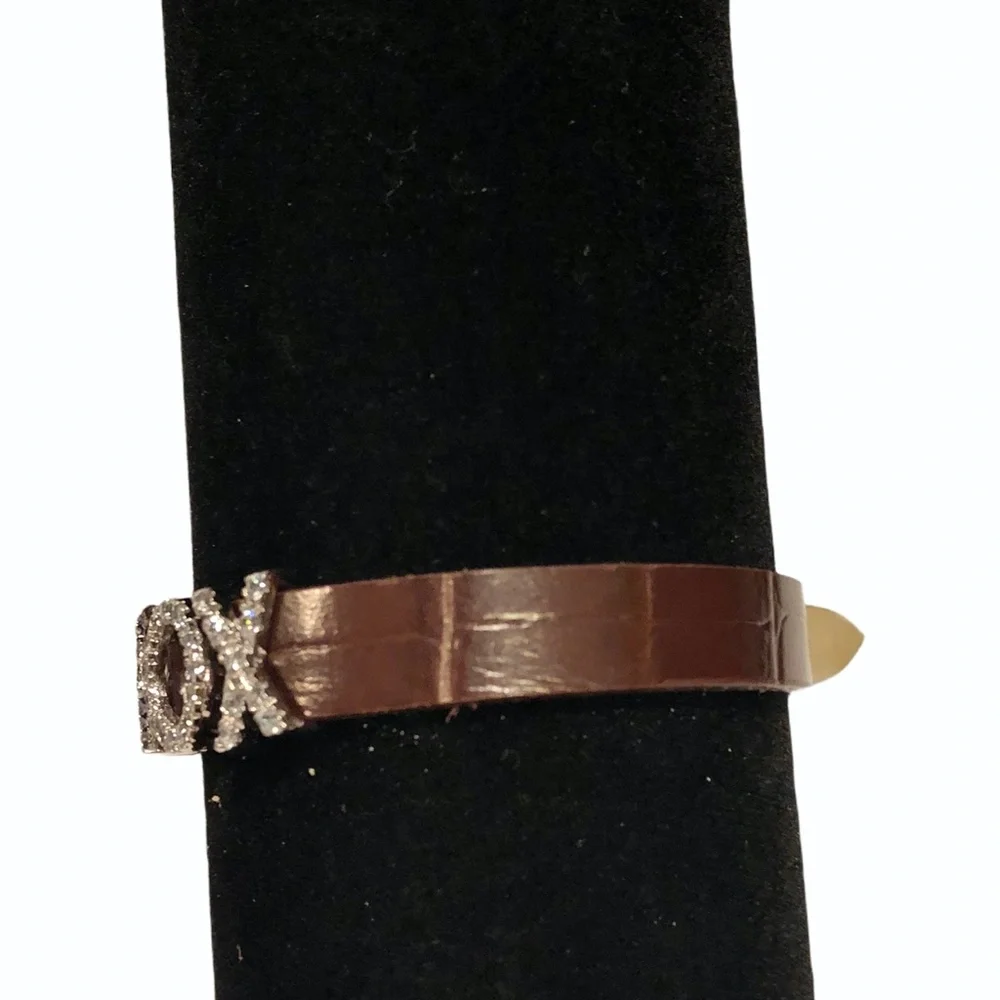 STERLING & CRYSTAL “XOX” SLIDERS ON BROWN BUCKLE BRACELET